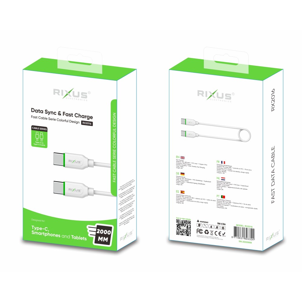 Rixus RX2016 Data Sync And Fast Charge Cable Type-C to Type-C 200cm