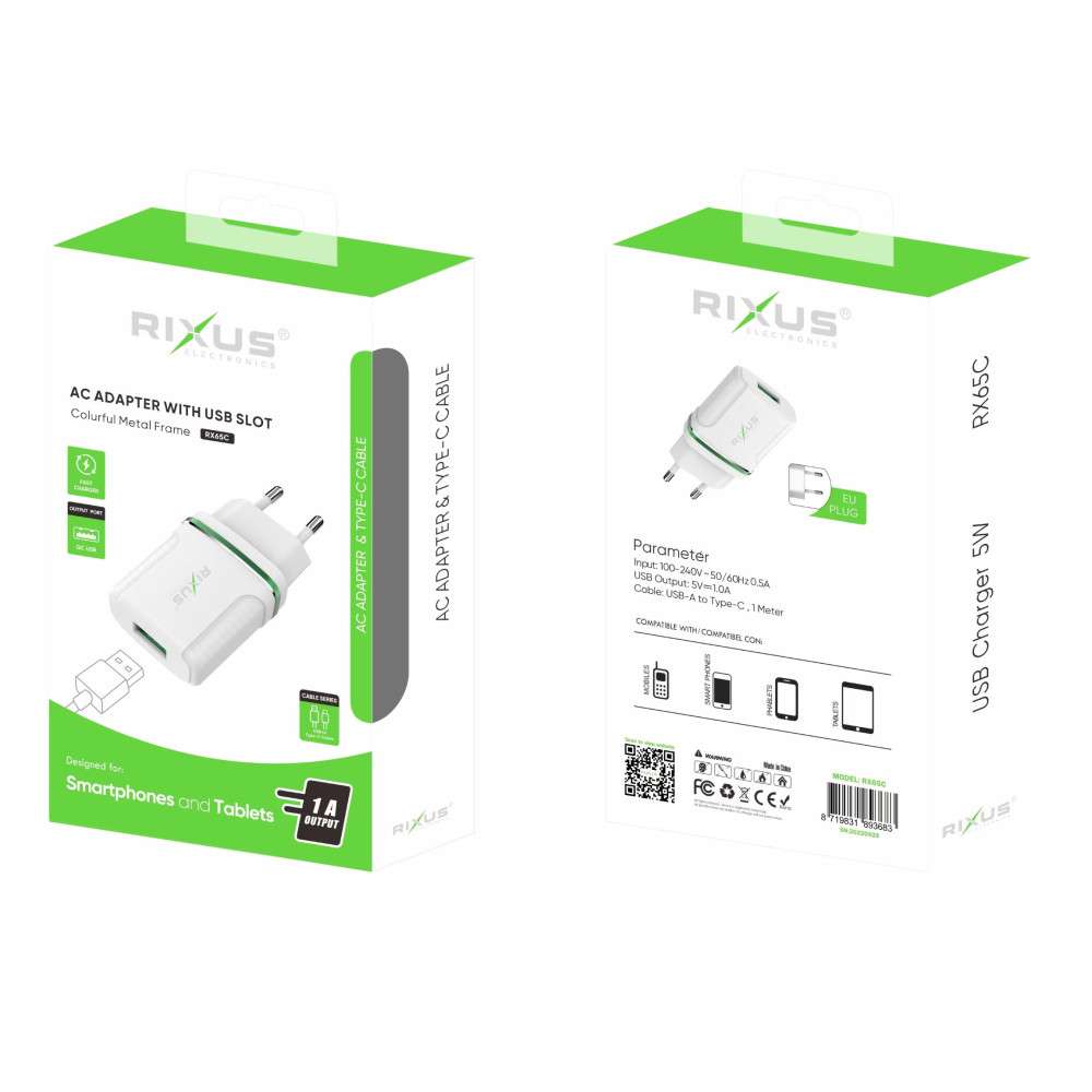 Rixus Smart Mini Charger With Type C USB Cable RX65C