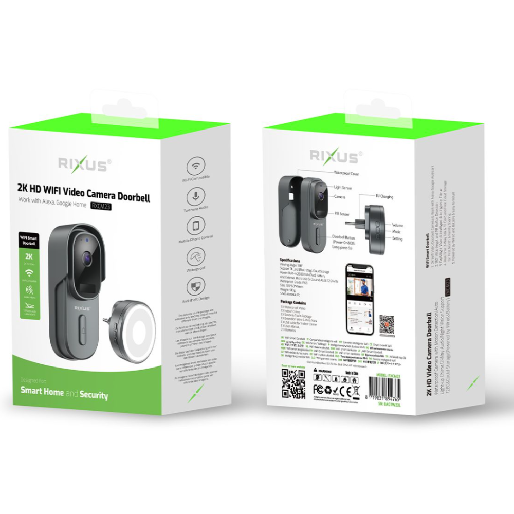 Rixus Wireless Battery Powered Doorbell With Camera RXCM23 - Grey