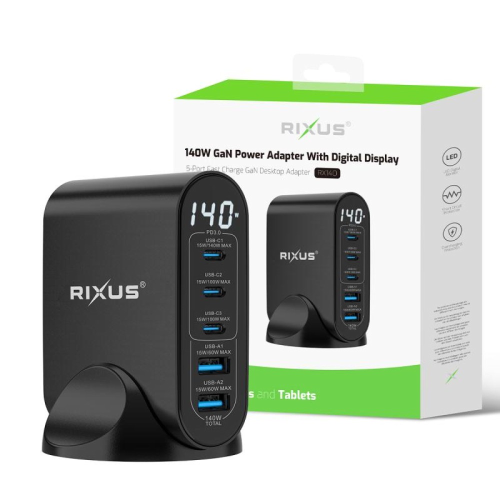 Rixus RX140 140W GaN Power Adapter With Digital Display Black