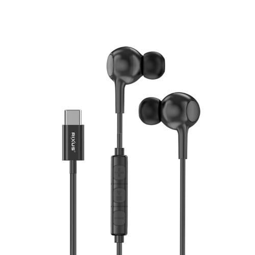 Rixus USB C Wired Earbud Type Headphone With Microphone RXHD56C - Black