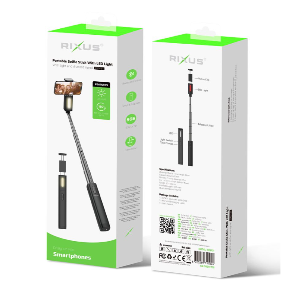 Rixus Integrated Selfie Stick With LED Lights RXSF31 - Black