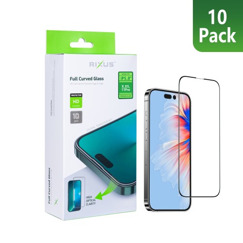 Rixus Clear HD Full Curved Edge Tempered Glass For iPhone X, XS, 11 Pro (10-Pack)