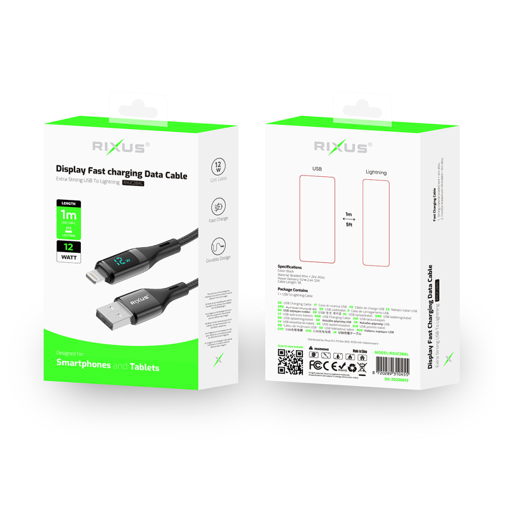 Rixus Braided USB To Lightning Cable With LED Display Wattage 1m Nylon RXUC28AL - Black