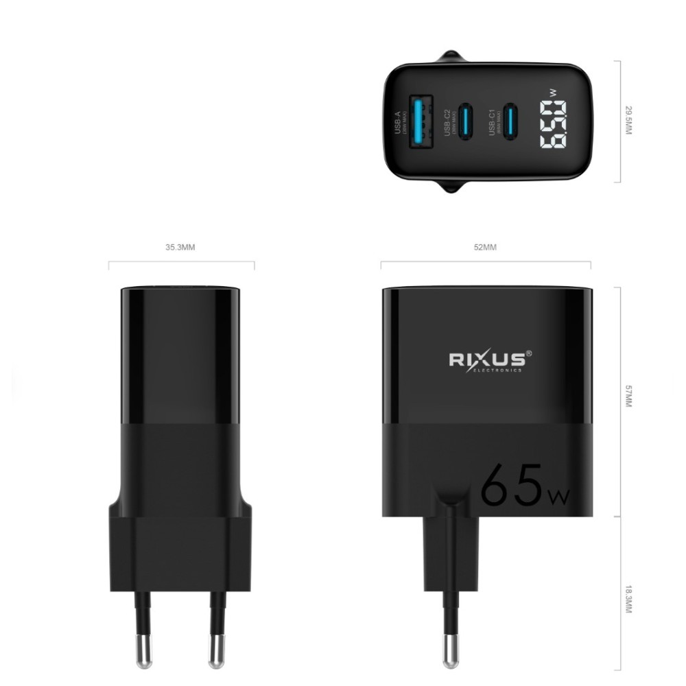 Rixus RX105 PD Gan Charger 65W Black