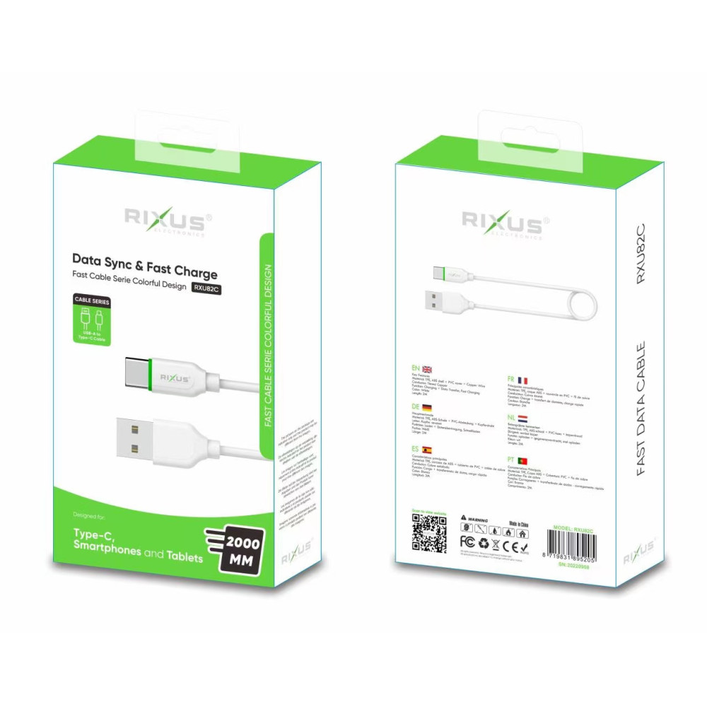 Rixus Data Sync & Fast Charge USB Cable For Type C 2Meter RXU82C
