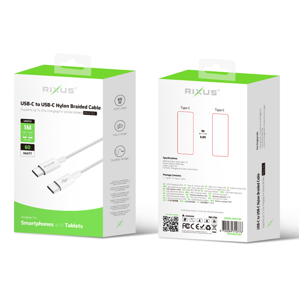 Rixus RXUC15C USB-C to USB-C Nylon Braided Cable 1M White
