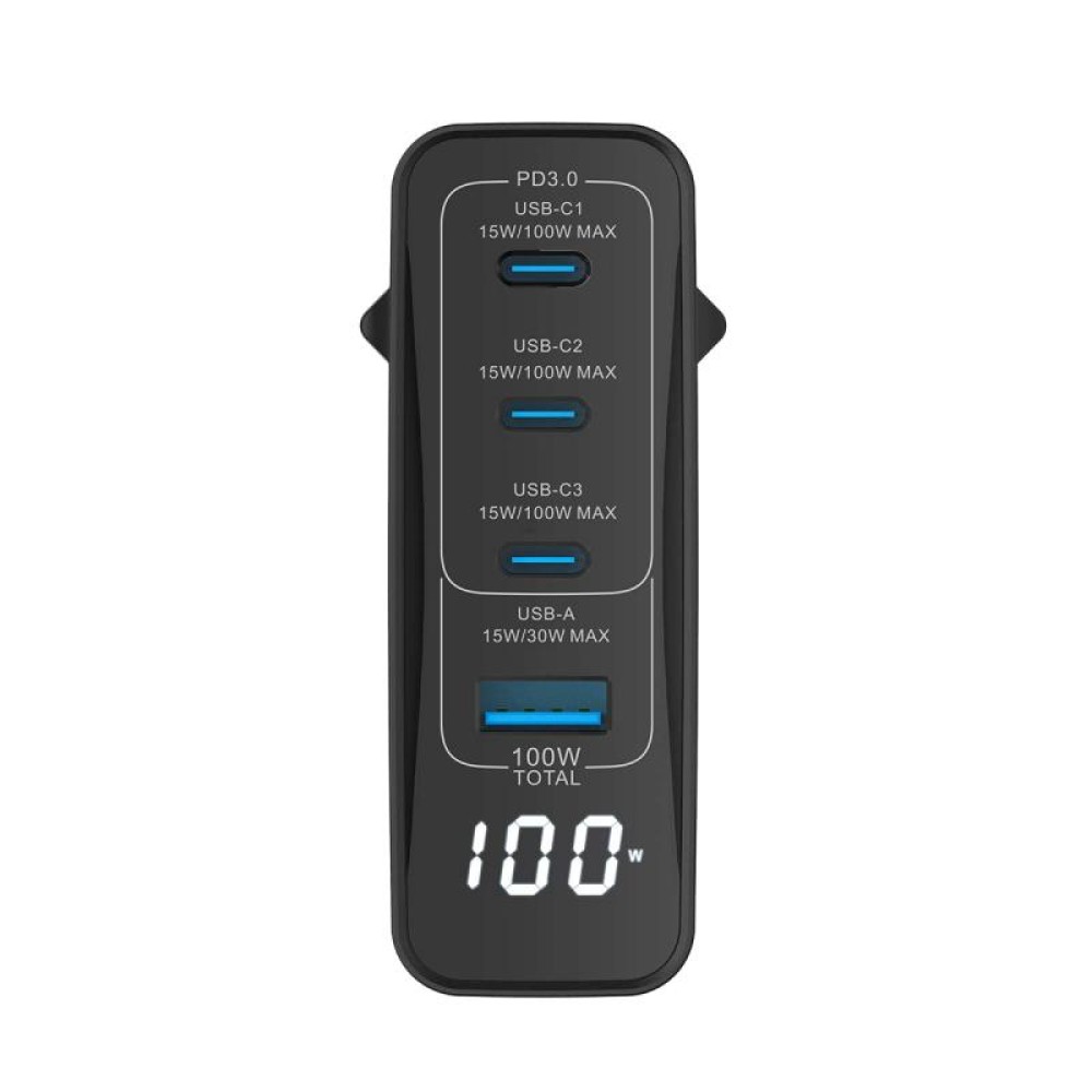 Rixus RX100 100W GaN Power Adapter With Digital Display Black