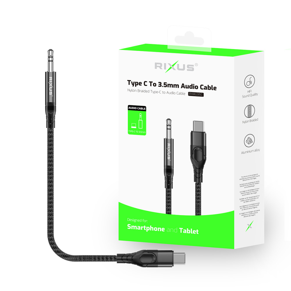 Rixus 3.5mm AUX To USB-C Braided Audio Cable 4-ft RXMU35C - Black